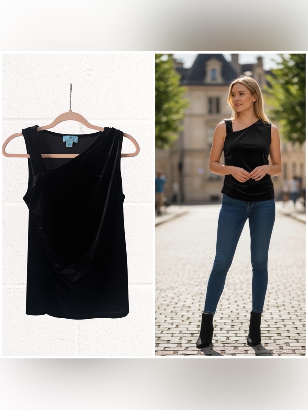 CeCe Black Velvet One-Shoulder Asymmetrical Sleeveless Top, Small